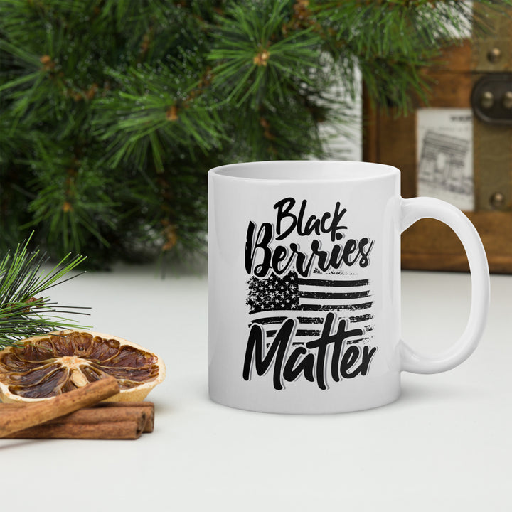 BLACK BERRIES MATTER WHITE GLOSSY MUG