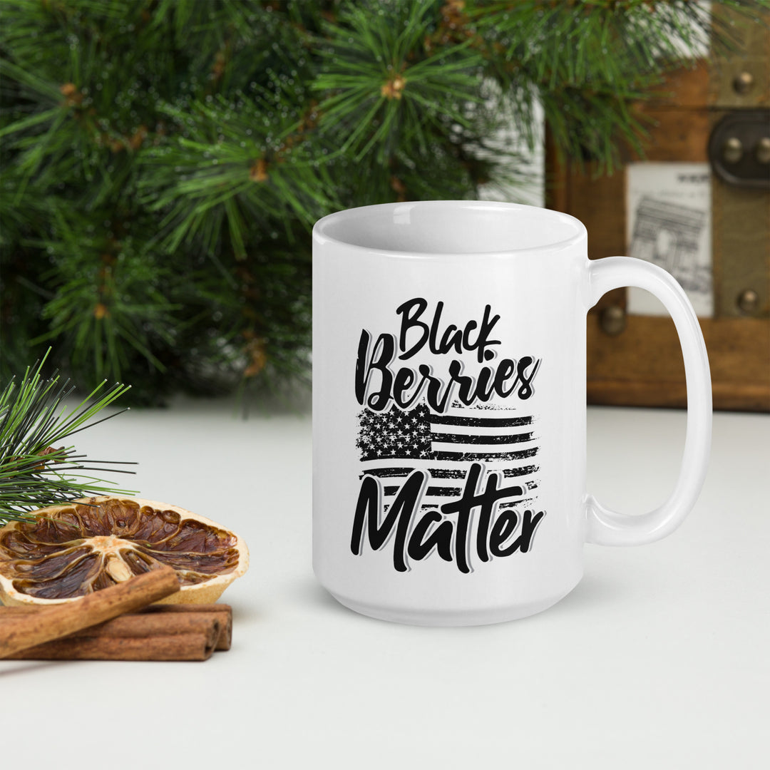 BLACK BERRIES MATTER WHITE GLOSSY MUG