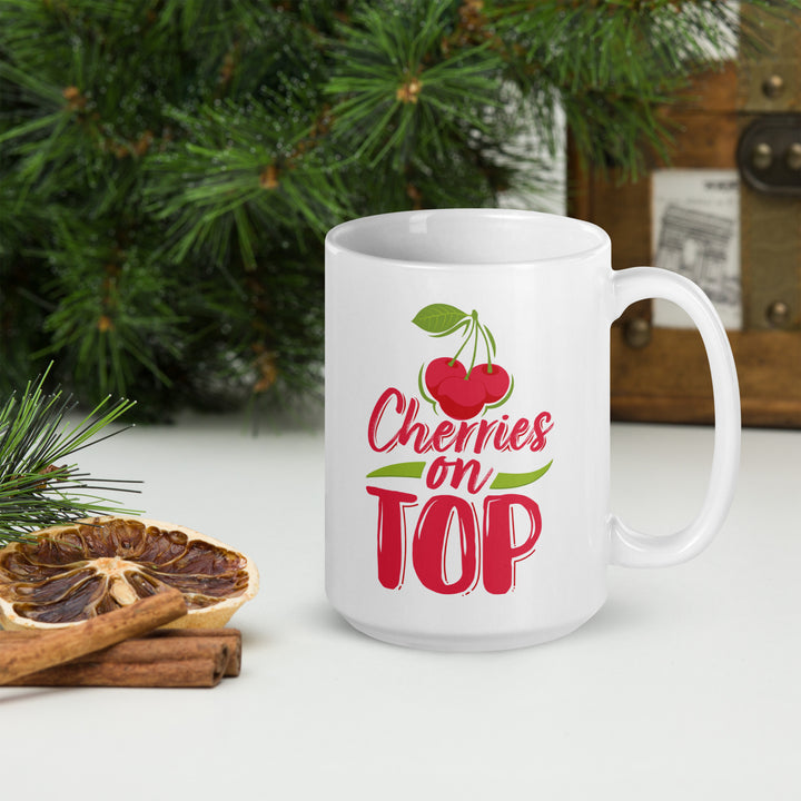 CHERRIES ON TOP WHITE GLOSSY MUG